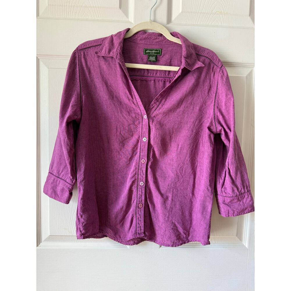 Eddie Bauer 100% Linen Button Down Shirt Purple Ladder Stitch 3/4 Sleeve Size L